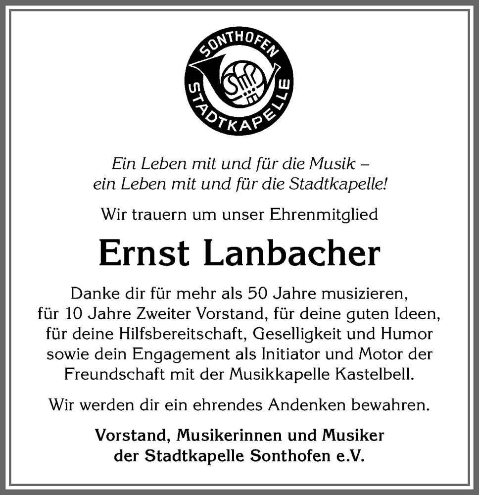  Traueranzeige für Ernst Lanbacher vom 21.03.2023 aus Allgäuer Anzeigeblatt