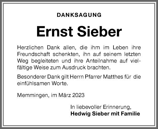 Traueranzeige von Ernst Sieber von Memminger Zeitung