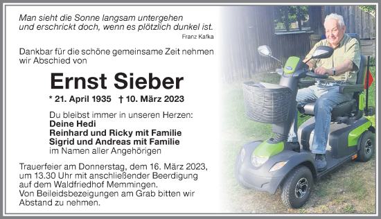 Traueranzeige von Ernst Sieber von Memminger Zeitung