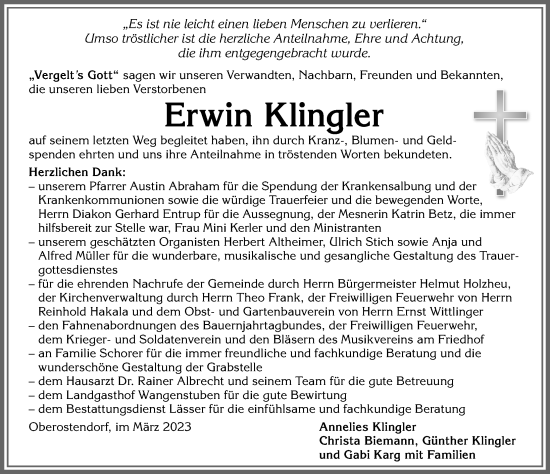 Traueranzeige von Erwin Klingler von Allgäuer Zeitung, Kaufbeuren/Buchloe