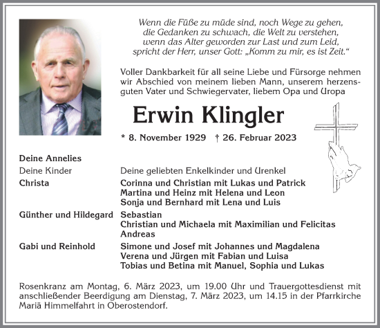 Traueranzeige von Erwin Klingler von Allgäuer Zeitung, Kaufbeuren/Buchloe