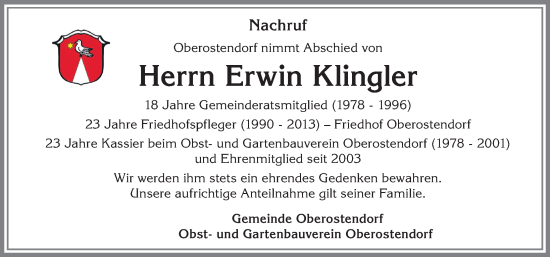 Traueranzeige von Erwin Klingler von Allgäuer Zeitung, Kaufbeuren/Buchloe