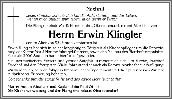 Traueranzeige von Erwin Klingler von Allgäuer Zeitung, Kaufbeuren/Buchloe