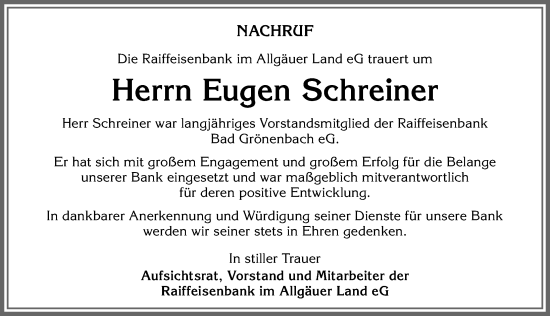 Traueranzeige von Eugen Schreiner von Memminger Zeitung