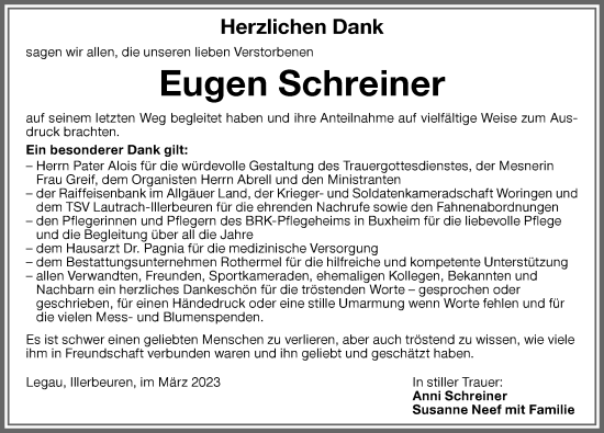 Traueranzeige von Eugen Schreiner von Memminger Zeitung