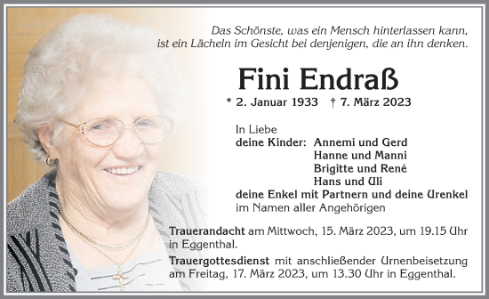 Traueranzeige von Fini Endraß von Allgäuer Zeitung, Kaufbeuren/Buchloe