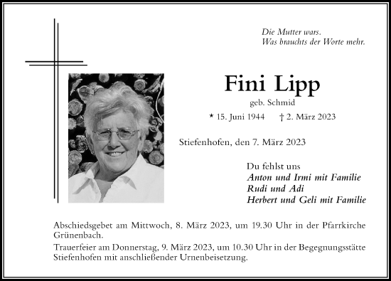 Traueranzeige von Fini Lipp von Der Westallgäuer