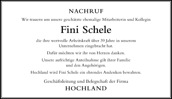Traueranzeige von Fini Schele von Der Westallgäuer