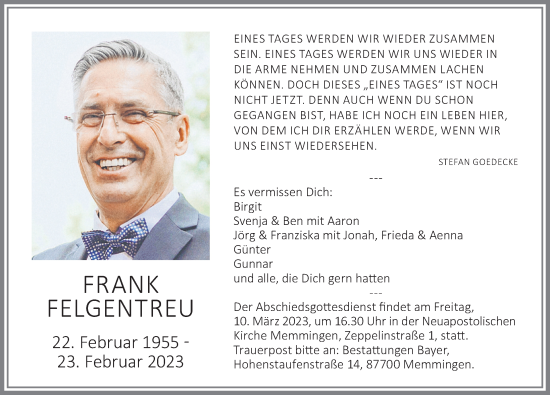 Traueranzeige von Frank Felgentreu von Memminger Zeitung