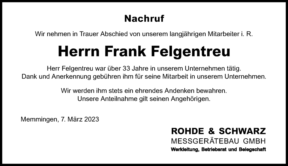  Traueranzeige für Frank Felgentreu vom 07.03.2023 aus Memminger Zeitung