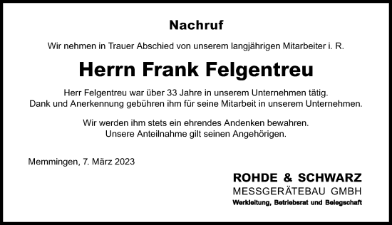 Traueranzeige von Frank Felgentreu von Memminger Zeitung