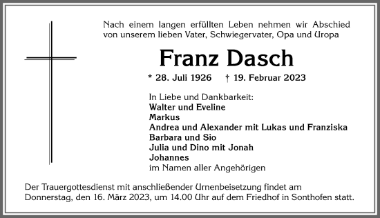 Traueranzeige von Franz Dasch von Allgäuer Anzeigeblatt