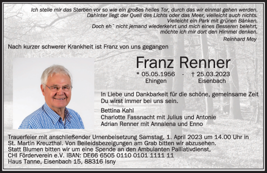 Traueranzeige von Franz Renner von Allgäuer Zeitung,Kempten