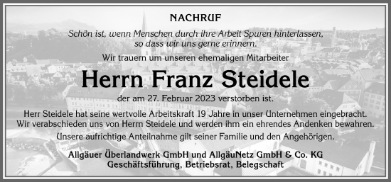 Traueranzeige von Franz Steidele von Allgäuer Zeitung,Kempten