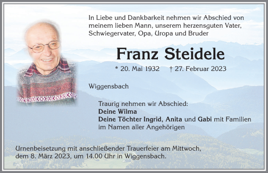 Traueranzeige von Franz Steidele von Allgäuer Zeitung,Kempten