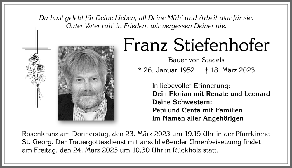  Traueranzeige für Franz Stiefenhofer vom 22.03.2023 aus Allgäuer Zeitung, Füssen