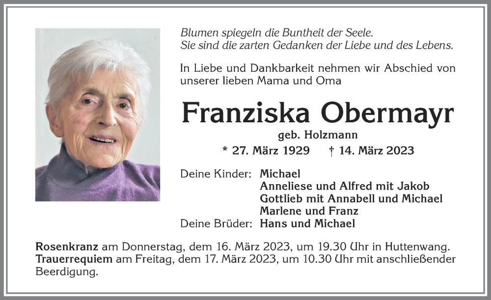  Traueranzeige für Franziska Obermayr vom 15.03.2023 aus Allgäuer Zeitung, Marktoberdorf