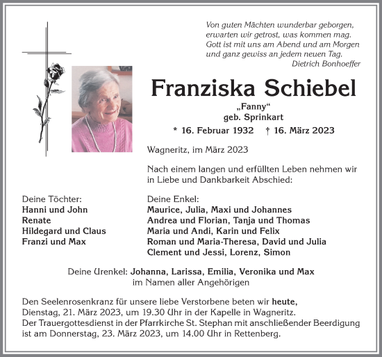 Traueranzeige von Franziska Schiebel von Allgäuer Anzeigeblatt