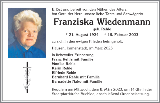 Traueranzeige von Franziska Wiedenmann von Allgäuer Zeitung, Kaufbeuren/Buchloe