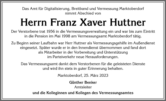 Traueranzeige von Franz Xaver Huttner von Allgäuer Zeitung, Marktoberdorf