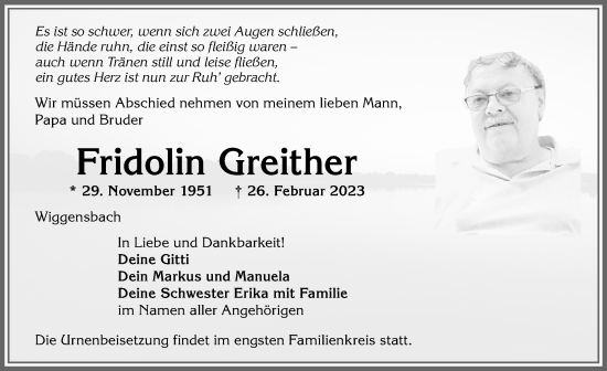 Traueranzeige von Fridolin Greither von Allgäuer Zeitung,Kempten
