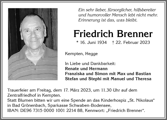 Traueranzeige von Friedrich Brenner von Allgäuer Zeitung,Kempten