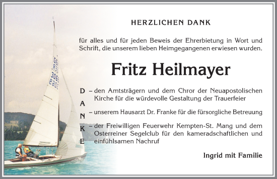 Traueranzeige von Fritz Heilmayer von Allgäuer Zeitung,Kempten