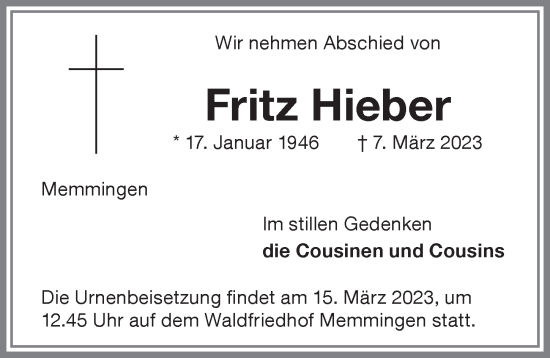 Traueranzeige von Fritz Hieber von Memminger Zeitung