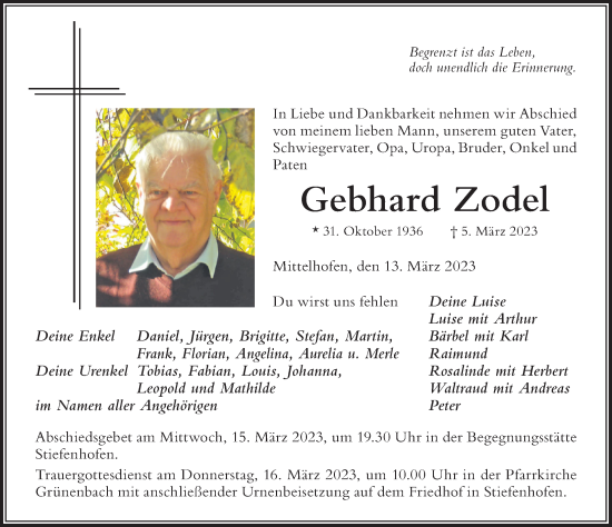 Traueranzeige von Gebhard Zodel von Der Westallgäuer
