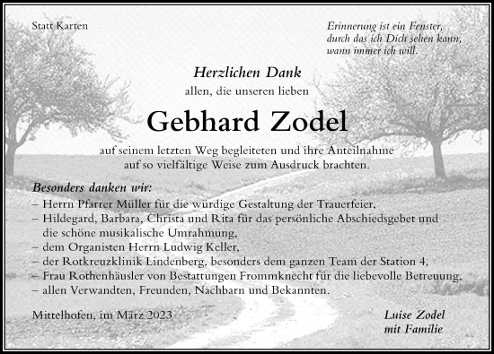 Traueranzeige von Gebhard Zodel von Der Westallgäuer