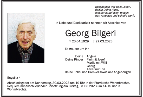 Traueranzeige von Georg Bilgeri von Der Westallgäuer