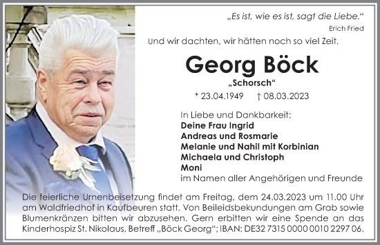 Traueranzeige von Georg Böck von Landsberger Tagblatt, Augsburger Allgemeine