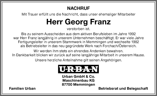 Traueranzeige von Georg Franz von Memminger Zeitung