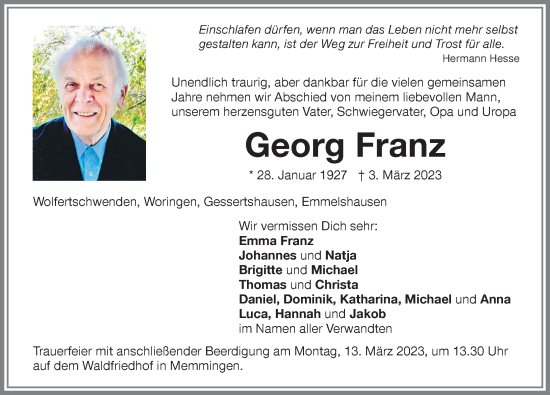 Traueranzeige von Georg Franz von Memminger Zeitung