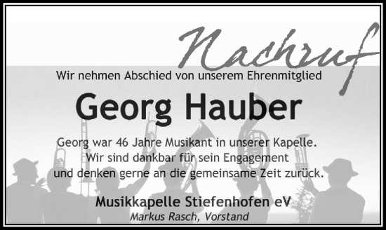 Traueranzeige von Georg Hauber von Der Westallgäuer