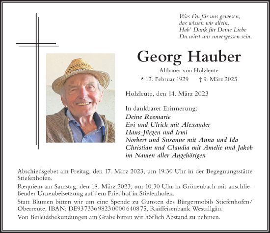 Traueranzeige von Georg Hauber von Der Westallgäuer