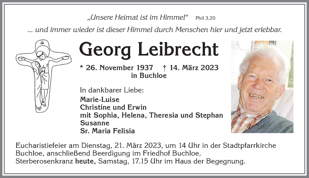  Traueranzeige für Georg Leibrecht vom 18.03.2023 aus Allgäuer Zeitung, Kaufbeuren/Buchloe