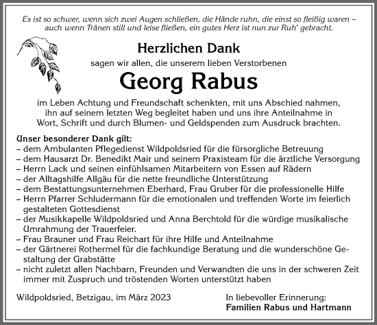 Traueranzeige von Georg Rabus von Allgäuer Zeitung,Kempten