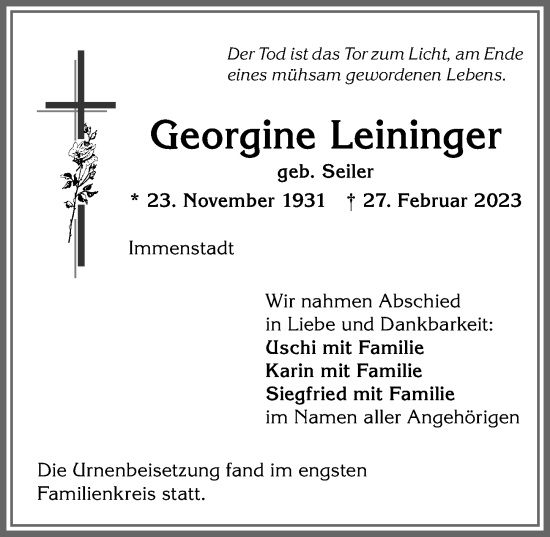 Traueranzeige von Georgine Leininger von Allgäuer Anzeigeblatt