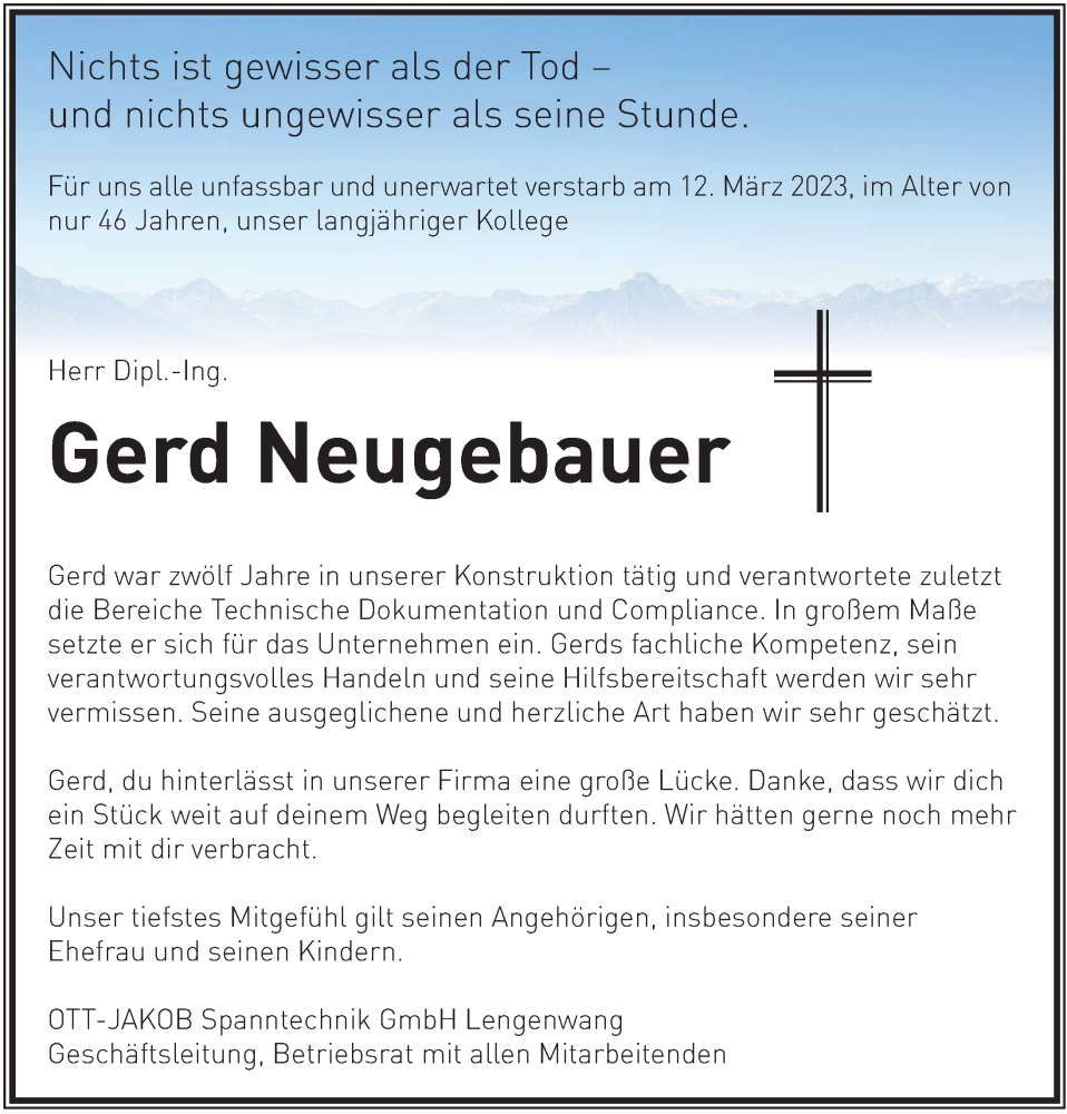  Traueranzeige für Gerd Neugebauer vom 25.03.2023 aus Allgäuer Zeitung, Marktoberdorf