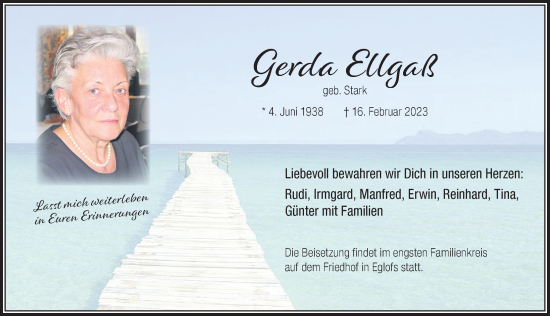 Traueranzeige von Gerda Ellgaß von Der Westallgäuer