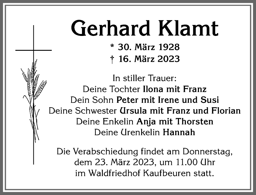  Traueranzeige für Gerhard Klamt vom 18.03.2023 aus Allgäuer Zeitung, Kaufbeuren/Buchloe