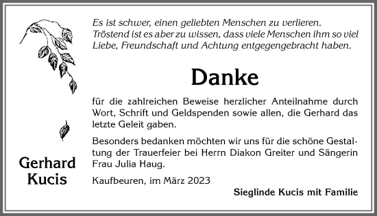 Traueranzeige von Gerhard Kucis von Allgäuer Zeitung, Kaufbeuren/Buchloe