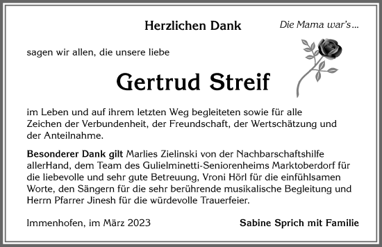 Traueranzeige von Gertrud Streif von Allgäuer Zeitung, Marktoberdorf