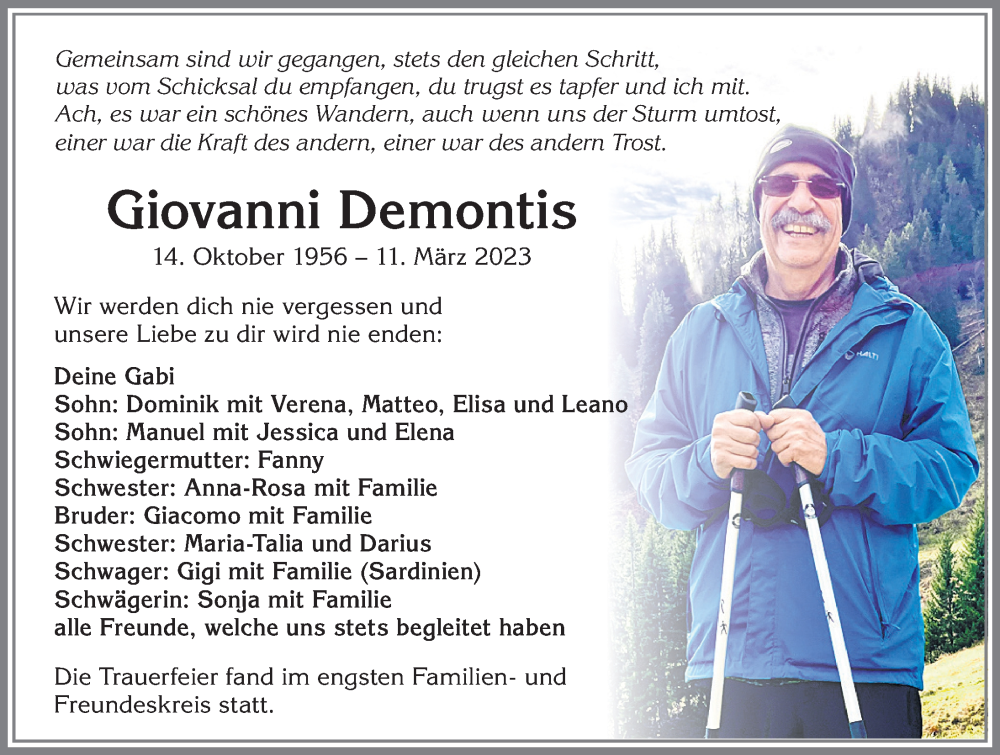  Traueranzeige für Giovanni Demontis vom 18.03.2023 aus Allgäuer Zeitung, Kaufbeuren/Buchloe