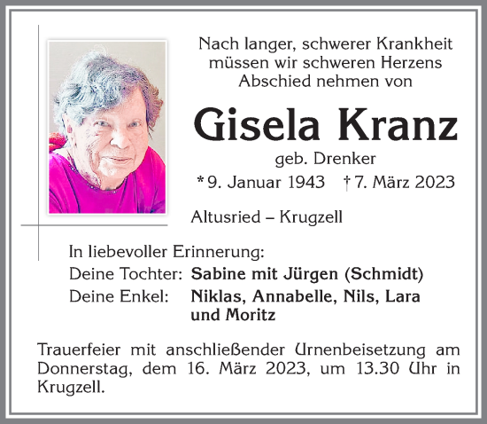 Traueranzeige von Gisela Kranz von Allgäuer Zeitung,Kempten