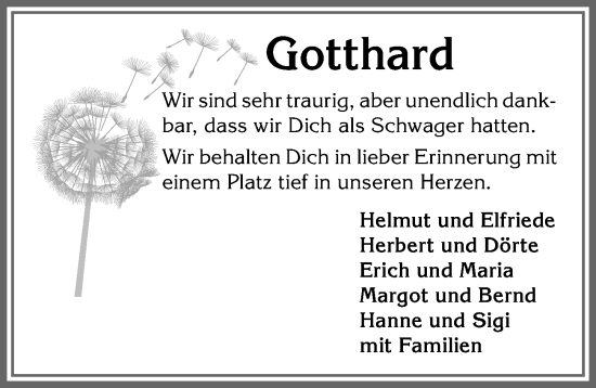 Traueranzeige von Gotthard  von Allgäuer Anzeigeblatt