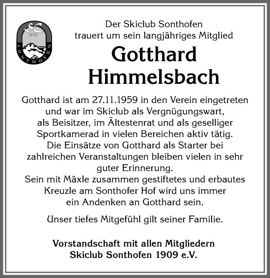 Traueranzeige von Gotthard Himmelsbach von Allgäuer Anzeigeblatt