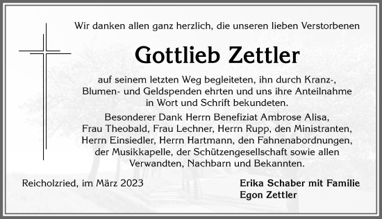 Traueranzeige von Gottlieb Zettler von Allgäuer Zeitung,Kempten