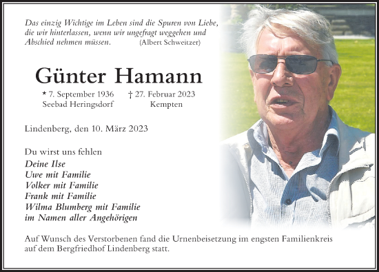 Traueranzeige von Günter Hamann von Der Westallgäuer